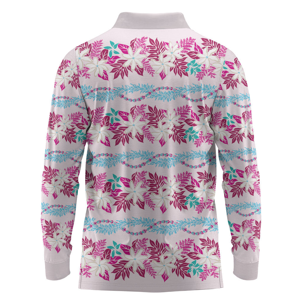 Monstera Tiare Plumeria Lei Pattern Long Sleeve Polo Shirt Pink Version