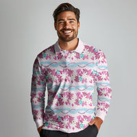Monstera Tiare Plumeria Lei Pattern Long Sleeve Polo Shirt Pink Version