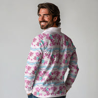 Monstera Tiare Plumeria Lei Pattern Long Sleeve Polo Shirt Pink Version