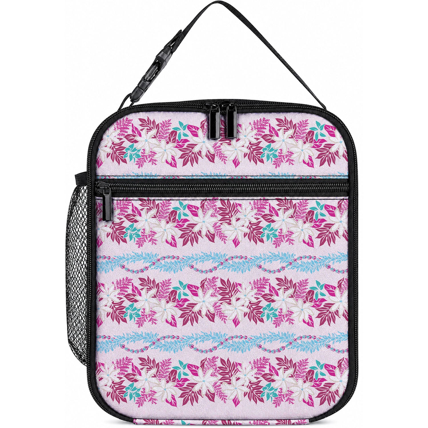Monstera Tiare Plumeria Lei Pattern Lunch Bag Pink Version LT01 10.2 × 8.3 × 4.3 inch Pink - Polynesian Pride