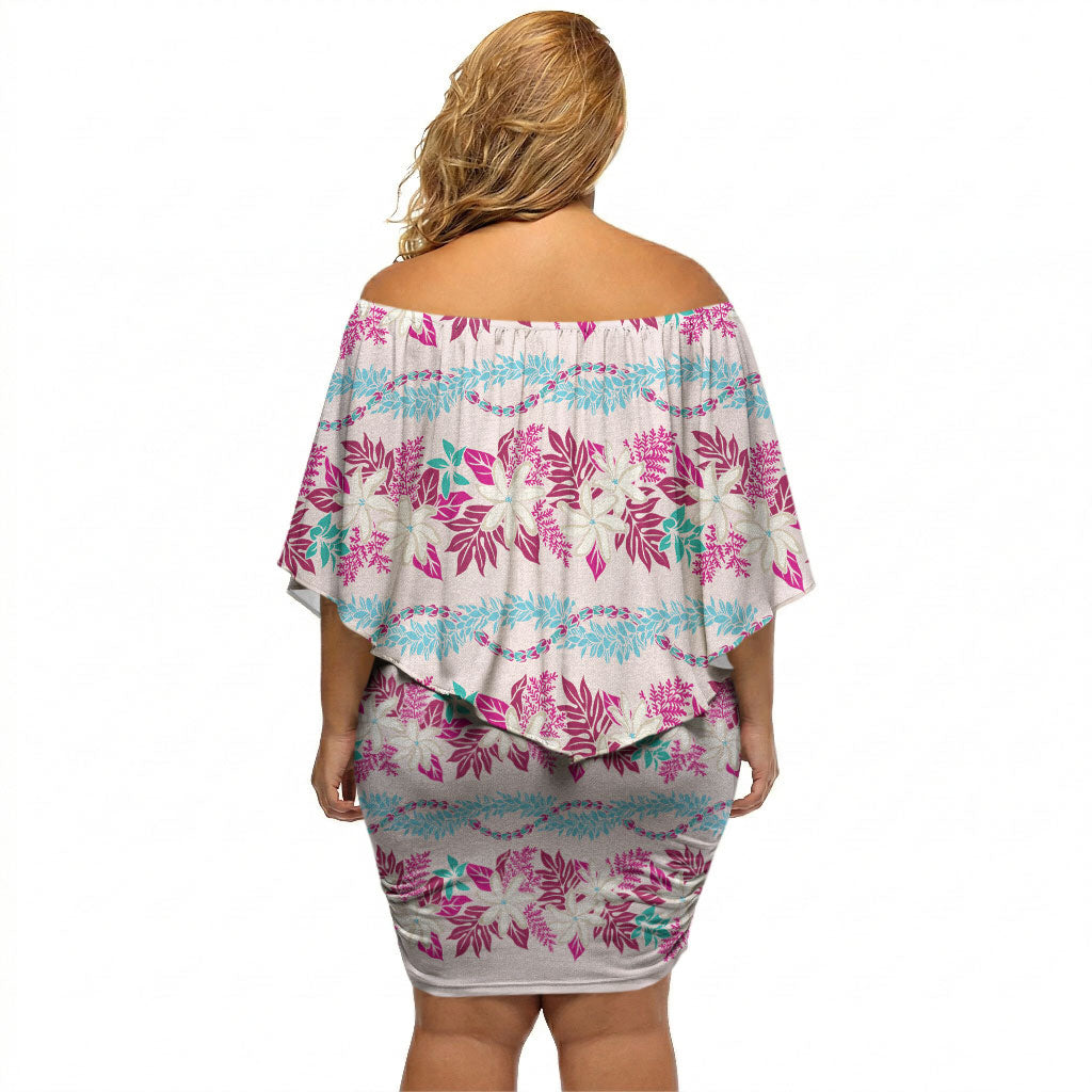 Monstera Tiare Plumeria Lei Pattern Off Shoulder Short Dress Pink Version