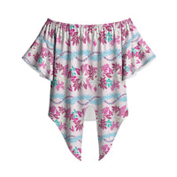 Monstera Tiare Plumeria Lei Pattern Off Shoulder Wrap Waist Top Pink Version