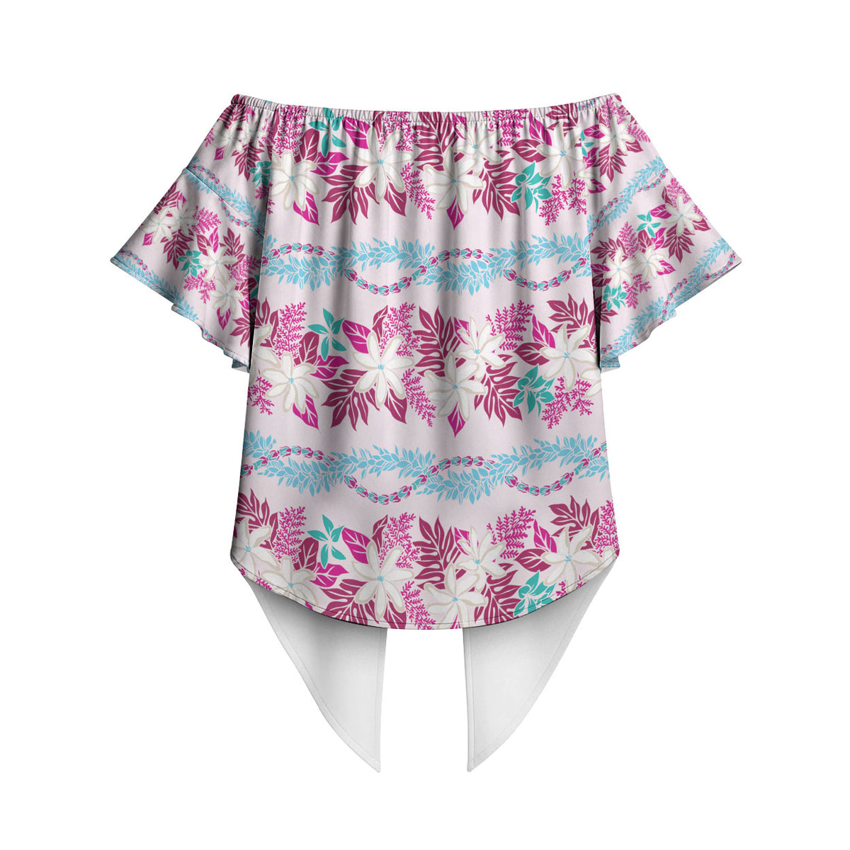 Monstera Tiare Plumeria Lei Pattern Off Shoulder Wrap Waist Top Pink Version