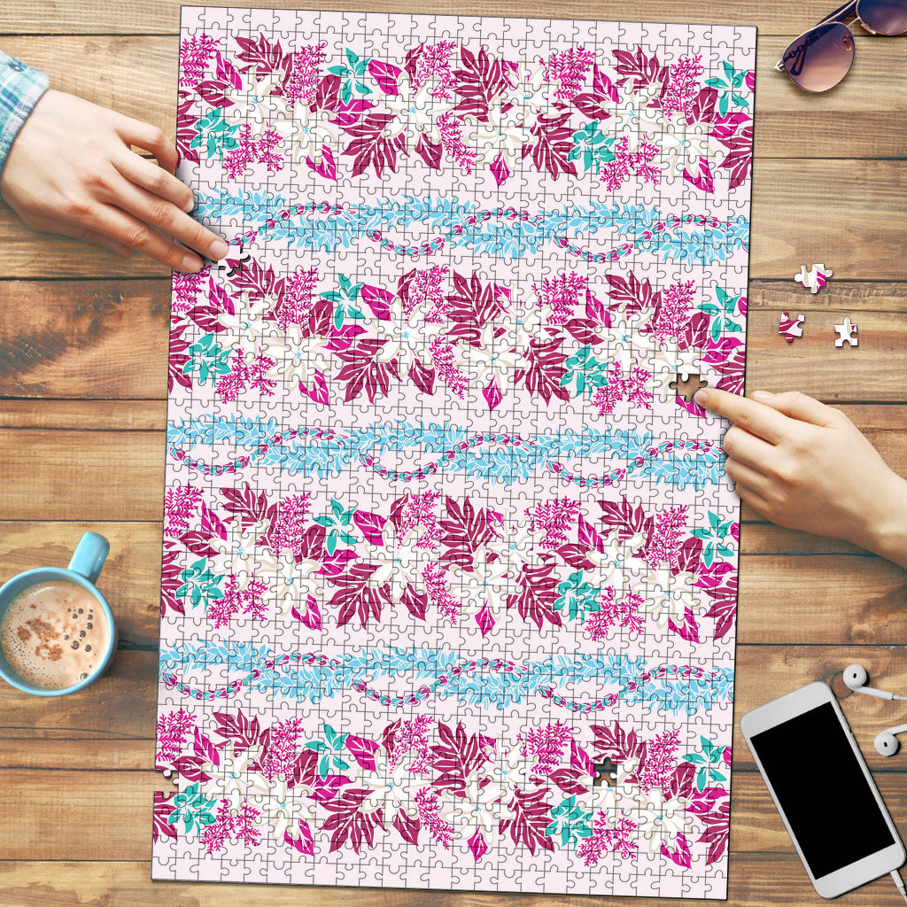 Monstera Tiare Plumeria Lei Pattern Puzzle Pink Version