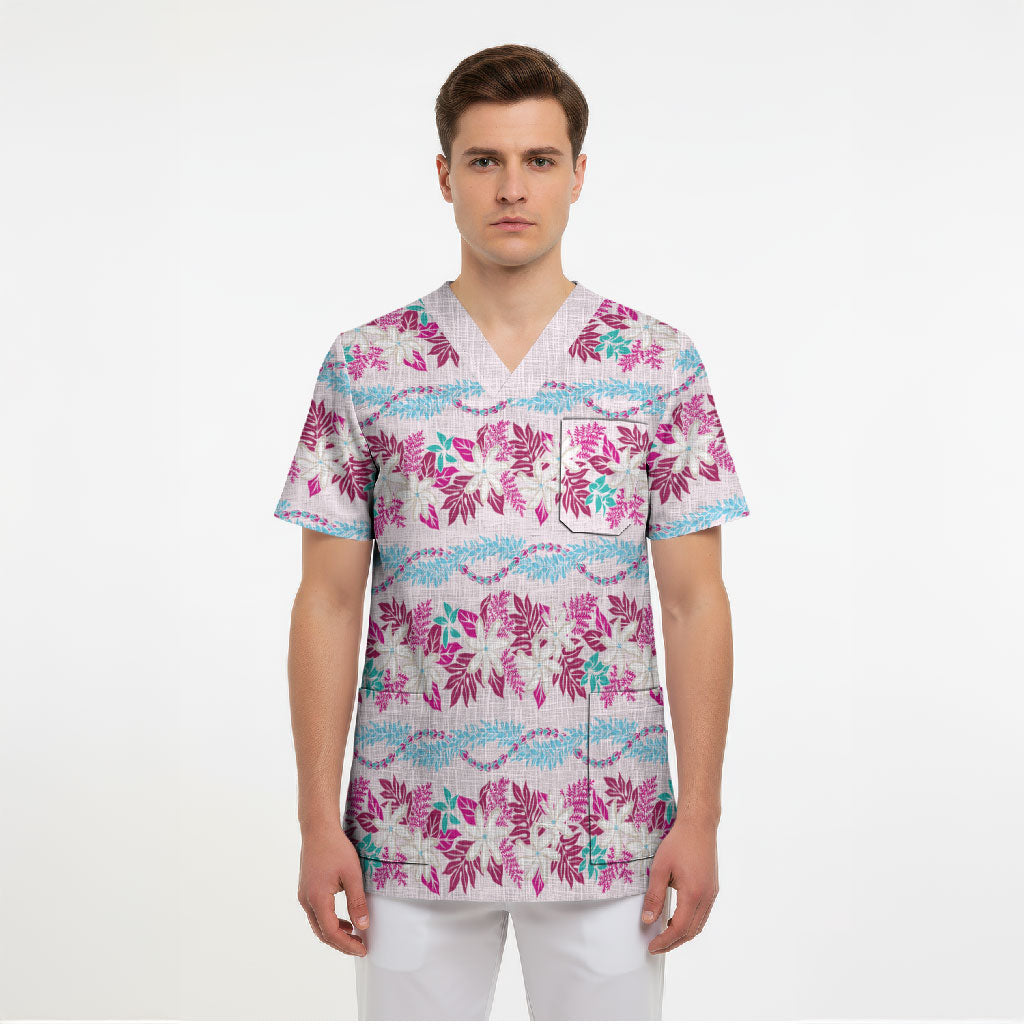 Monstera Tiare Plumeria Lei Pattern Scrub Top Pink Version LT01 - Polynesian Pride