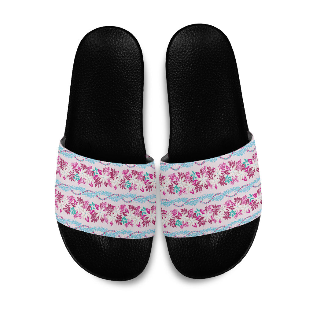 Monstera Tiare Plumeria Lei Pattern Slide Sandals Pink Version LT01 Pink - Polynesian Pride