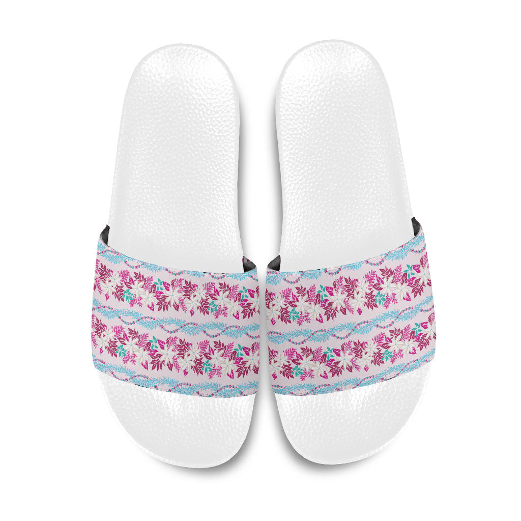 Monstera Tiare Plumeria Lei Pattern Slide Sandals Pink Version LT01 Pink - Polynesian Pride