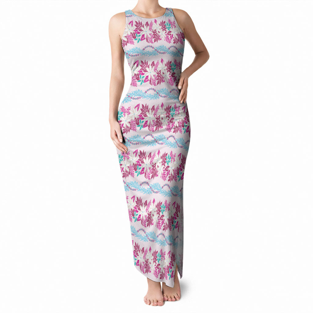 Monstera Tiare Plumeria Lei Pattern Tank Maxi Dress Pink Version