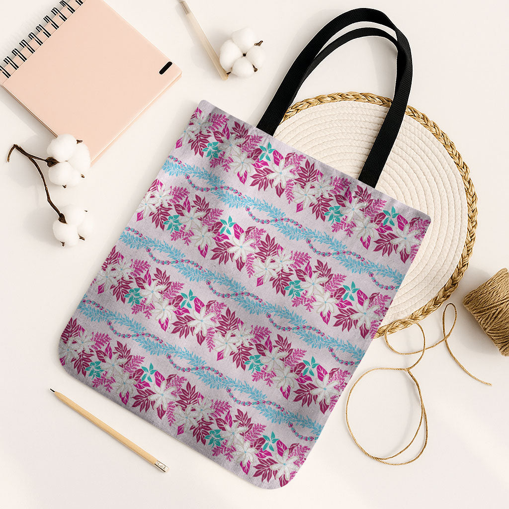 Monstera Tiare Plumeria Lei Pattern Tote Bag Pink Version LT01 Black Strap One Size Pink - Polynesian Pride