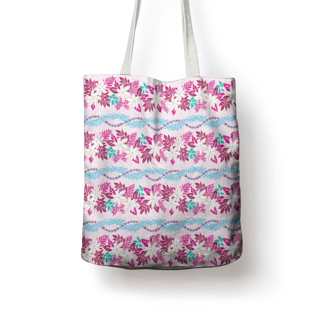 Monstera Tiare Plumeria Lei Pattern Tote Bag Pink Version LT01 - Polynesian Pride