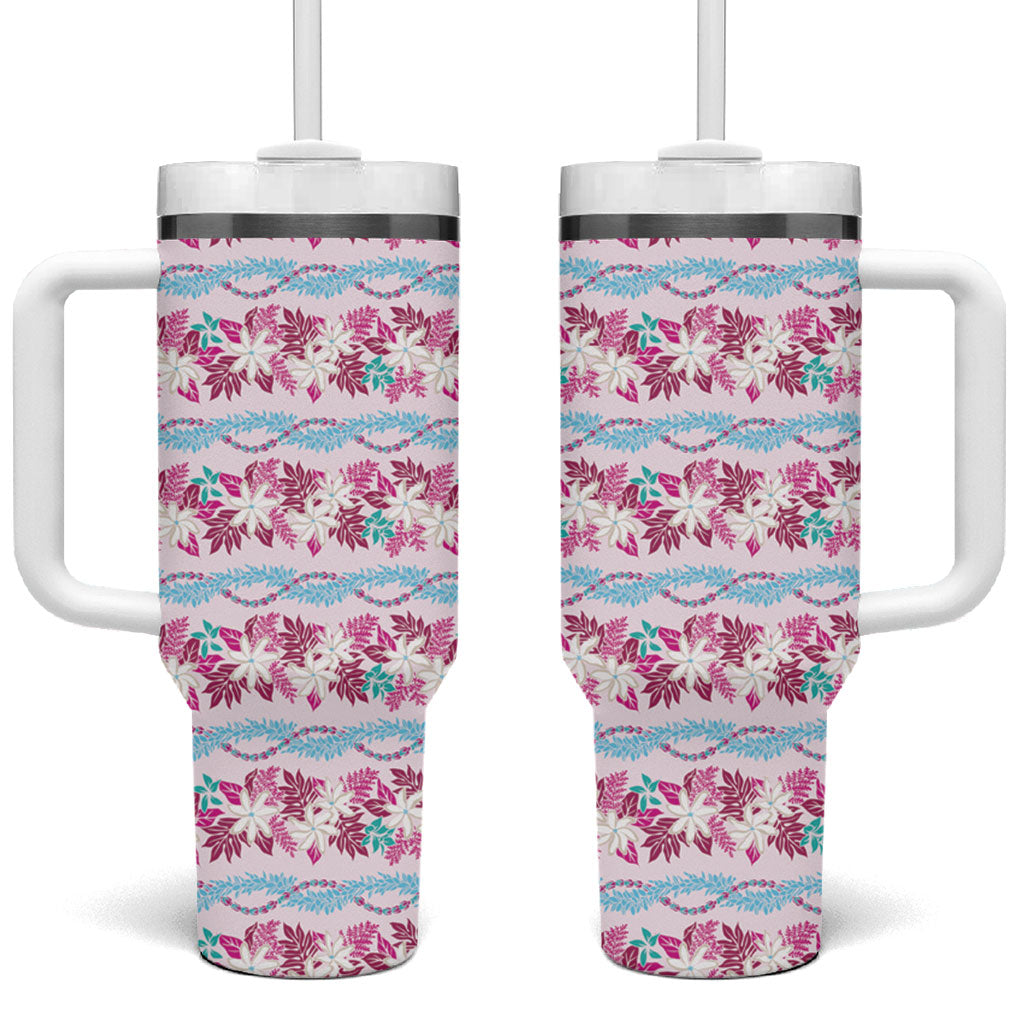 Monstera Tiare Plumeria Lei Pattern Tumbler With Handle Pink Version LT01 One Size: 40 oz Pink - Polynesian Pride