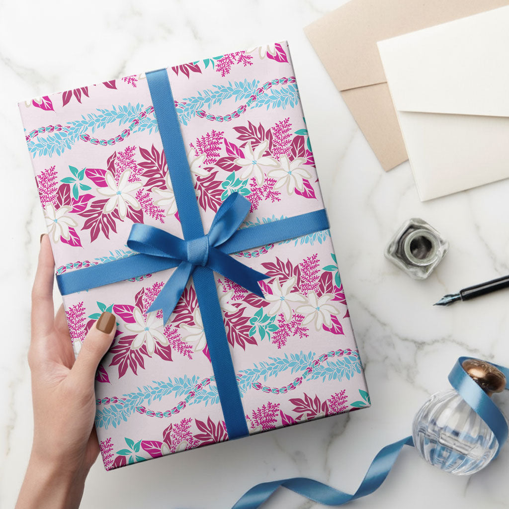 Monstera Tiare Plumeria Lei Pattern Wrapping Paper Pink Version