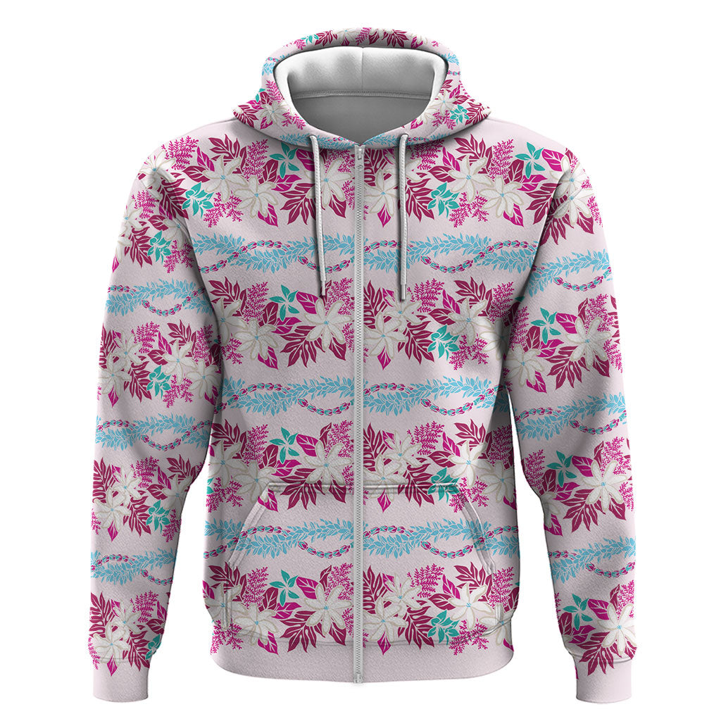 Monstera Tiare Plumeria Lei Pattern Zip Hoodie Pink Version LT01 Zip Hoodie Pink - Polynesian Pride