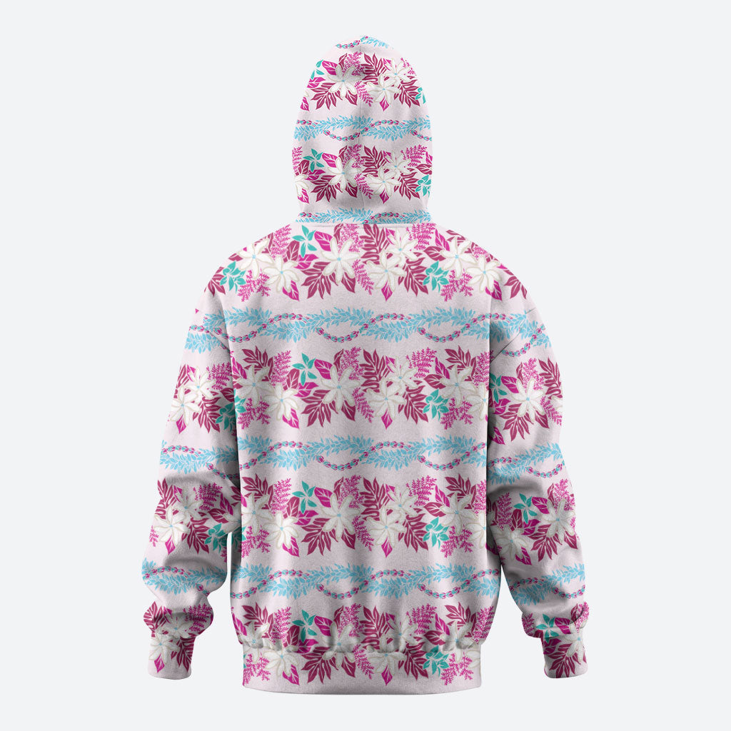 Monstera Tiare Plumeria Lei Pattern Zip Hoodie Pink Version LT01 - Polynesian Pride