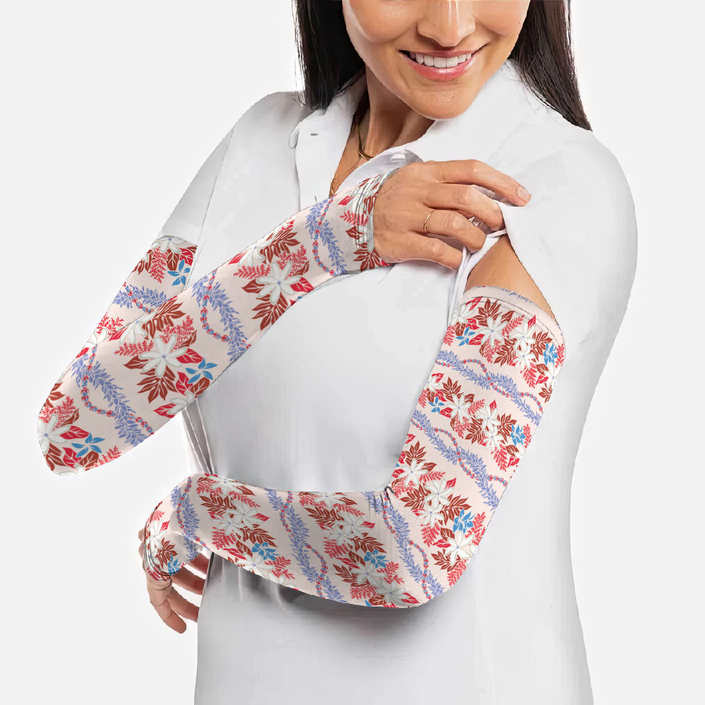 Monstera Tiare Plumeria Lei Pattern Arm Sleeves Red Version LT01 - Polynesian Pride