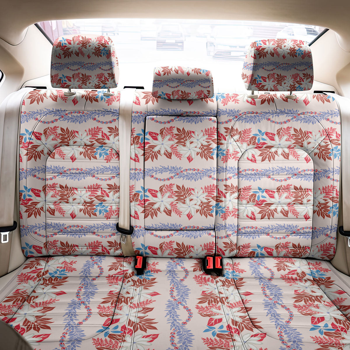 Monstera Tiare Plumeria Lei Pattern Back Car Seat Cover Red Version