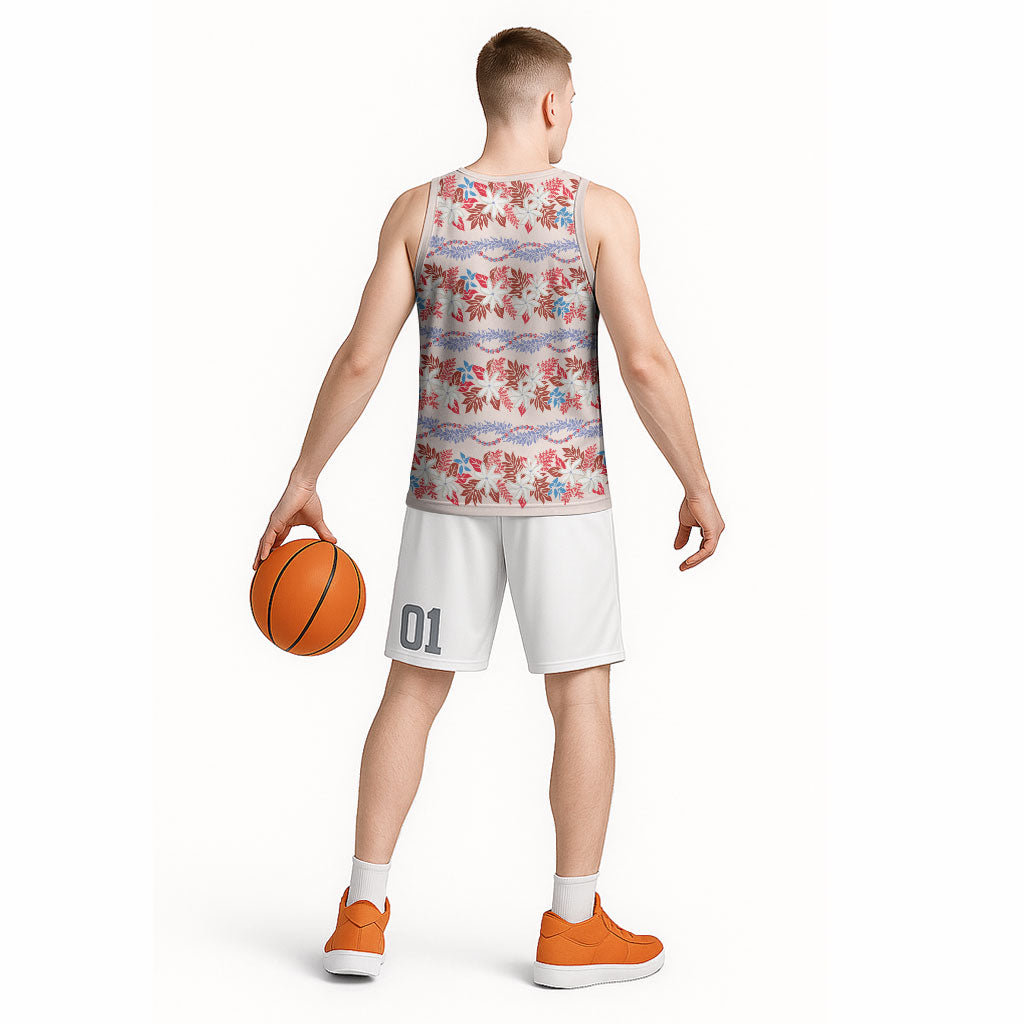 Monstera Tiare Plumeria Lei Pattern Basketball Jersey Red Version LT01 - Polynesian Pride