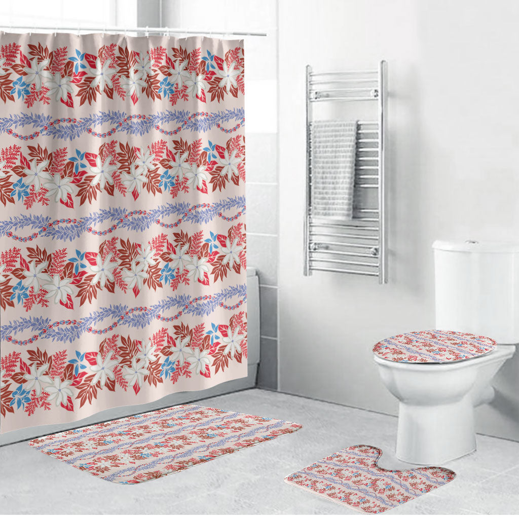 Monstera Tiare Plumeria Lei Pattern Bathroom Set Red Version LT01 Bathroom Set (4 pcs) Red - Polynesian Pride