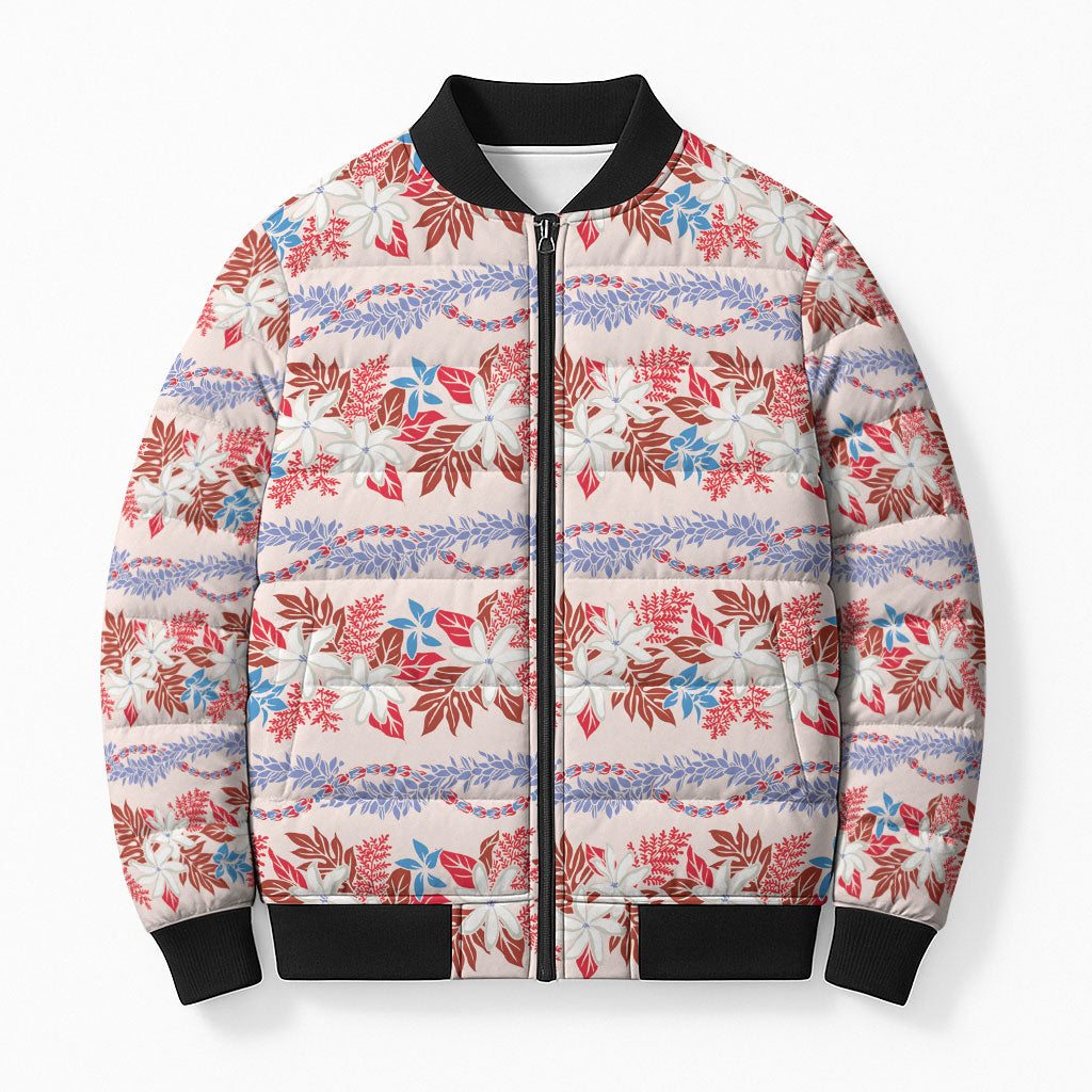 Monstera Tiare Plumeria Lei Pattern Bomber Puffer Jacket Red Version