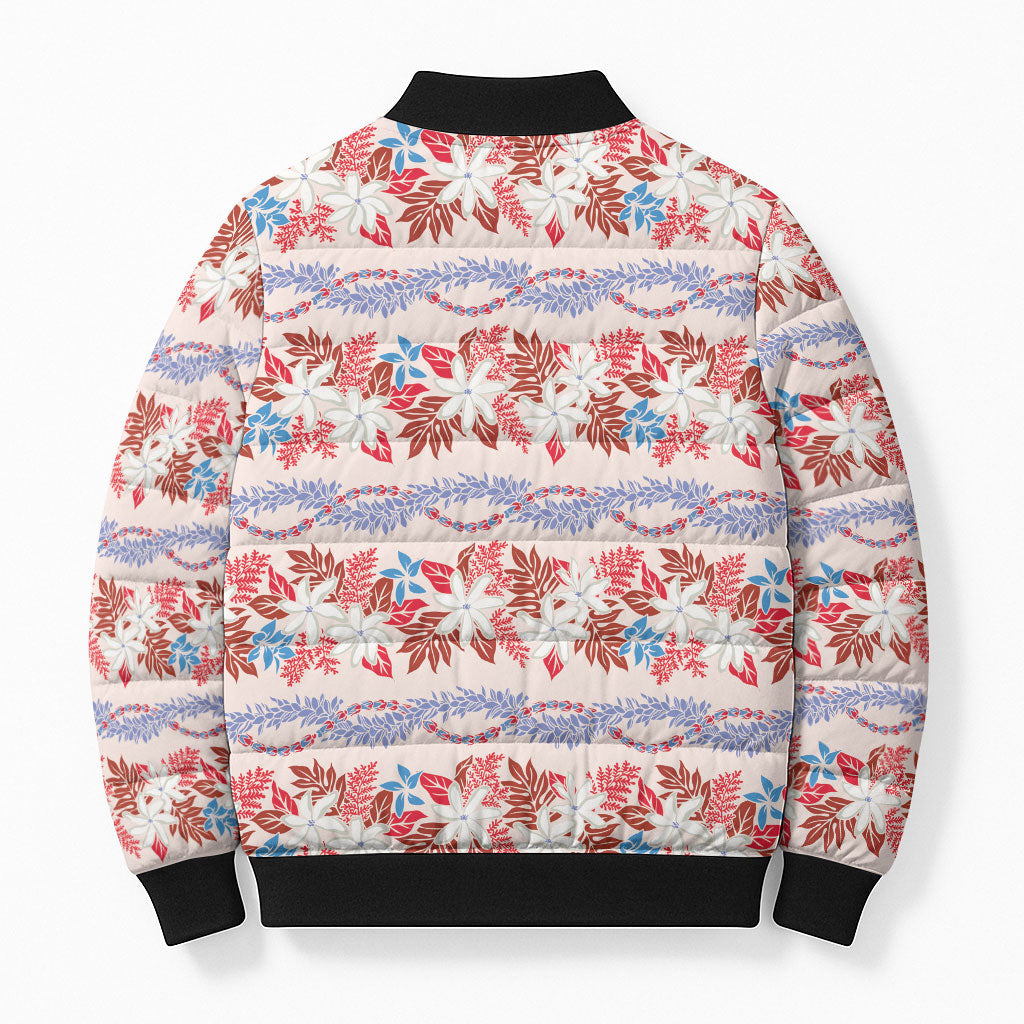Monstera Tiare Plumeria Lei Pattern Bomber Puffer Jacket Red Version