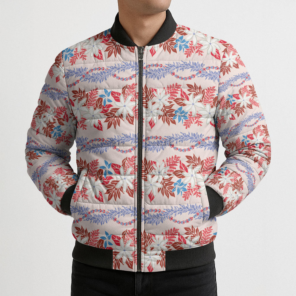 Monstera Tiare Plumeria Lei Pattern Bomber Puffer Jacket Red Version