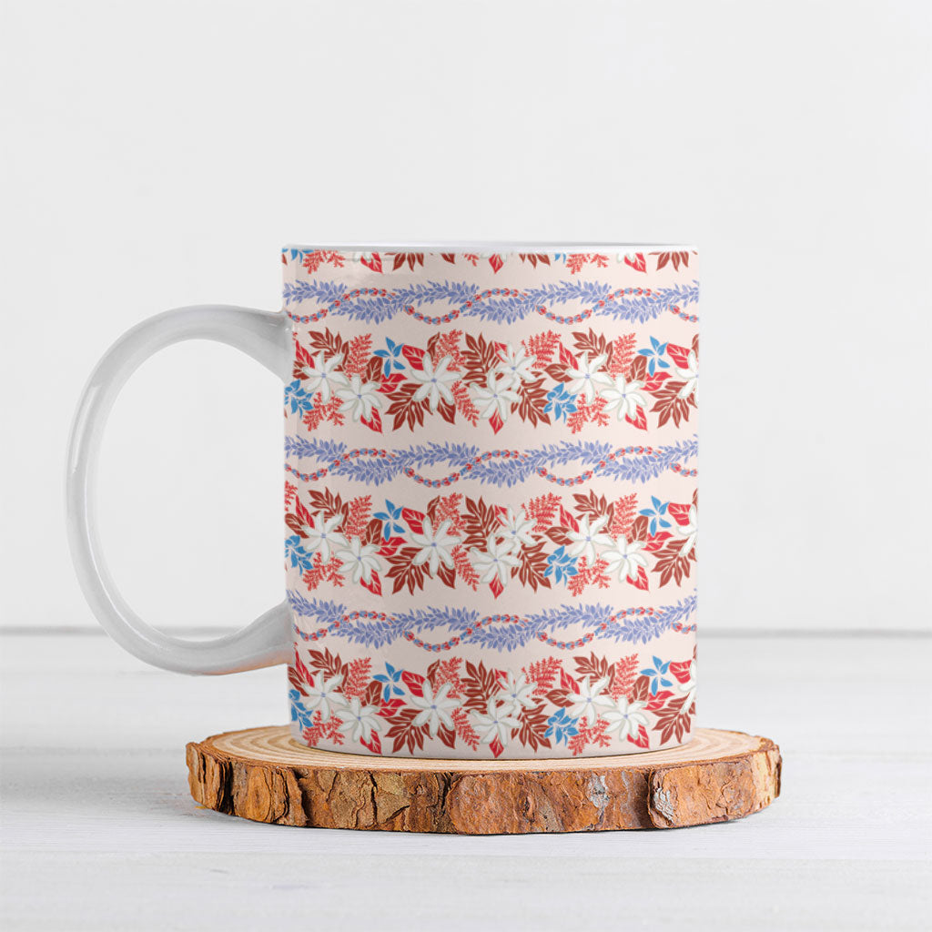 Monstera Tiare Plumeria Lei Pattern Ceramic Mug Red Version