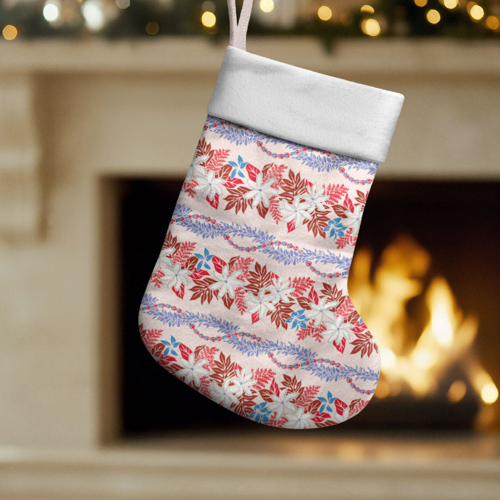 Monstera Tiare Plumeria Lei Pattern Christmas Stocking Red Version LT01 Set of 2 Red - Polynesian Pride