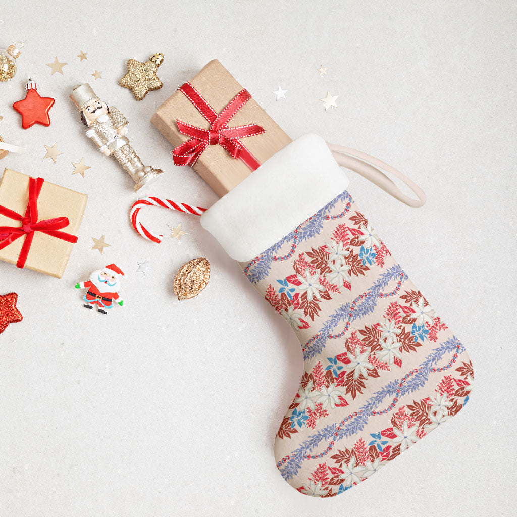 Monstera Tiare Plumeria Lei Pattern Christmas Stocking Red Version