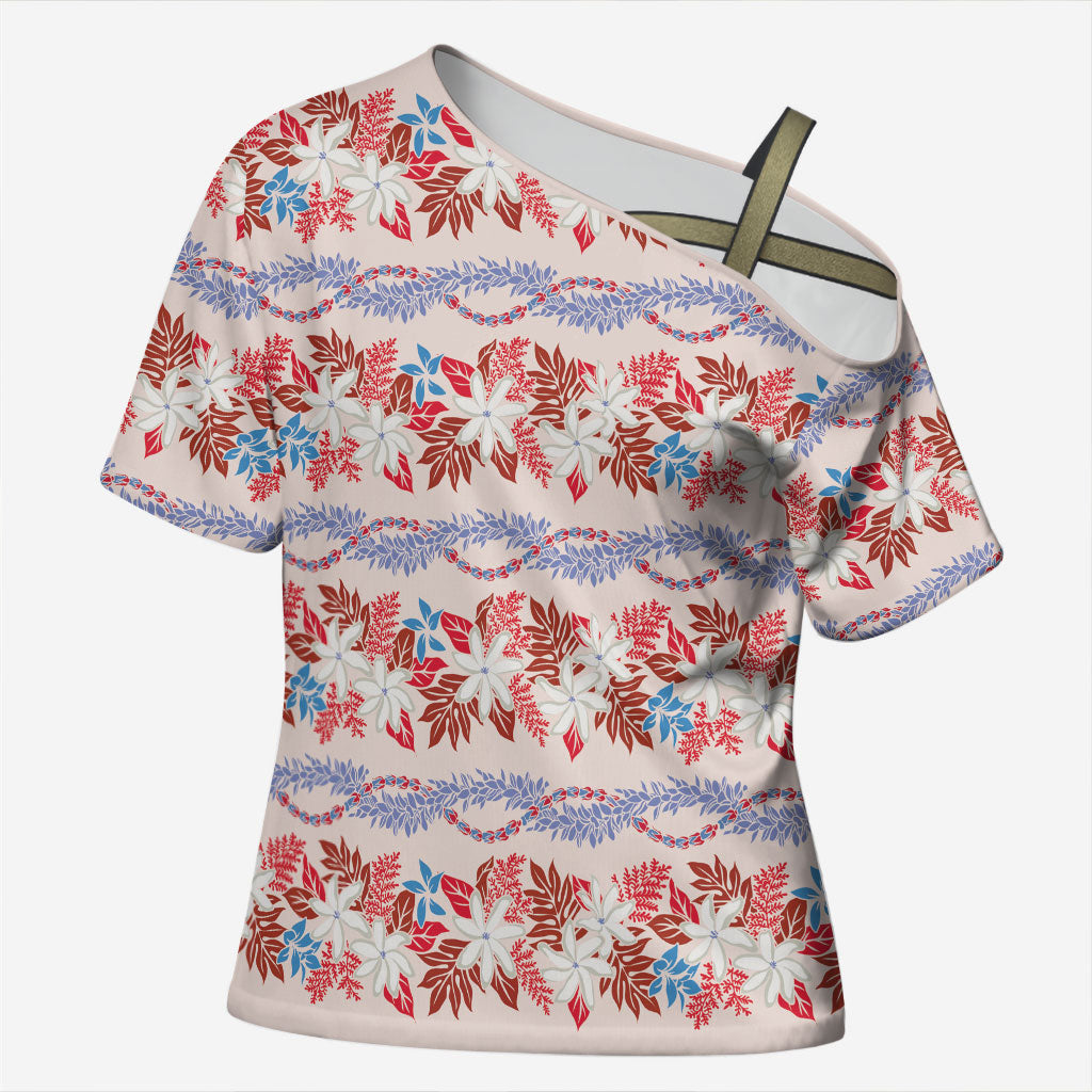 Monstera Tiare Plumeria Lei Pattern Cross Shoulder Shirt Red Version