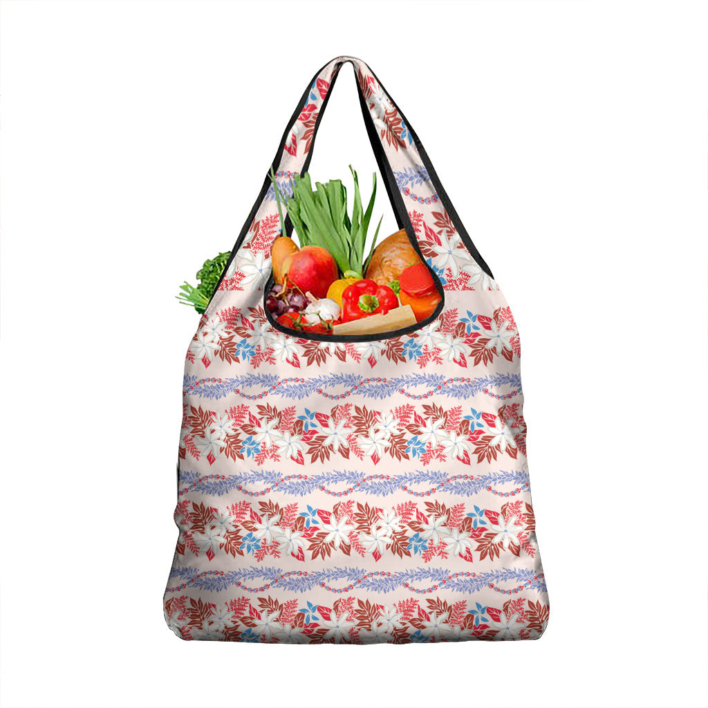 Monstera Tiare Plumeria Lei Pattern Grocery Bag Red Version