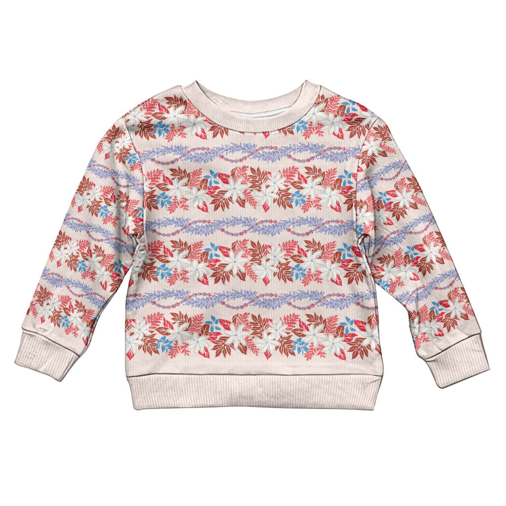 Monstera Tiare Plumeria Lei Pattern Kid Ugly Christmas Sweater Red Version LT01 Kid Red - Polynesian Pride