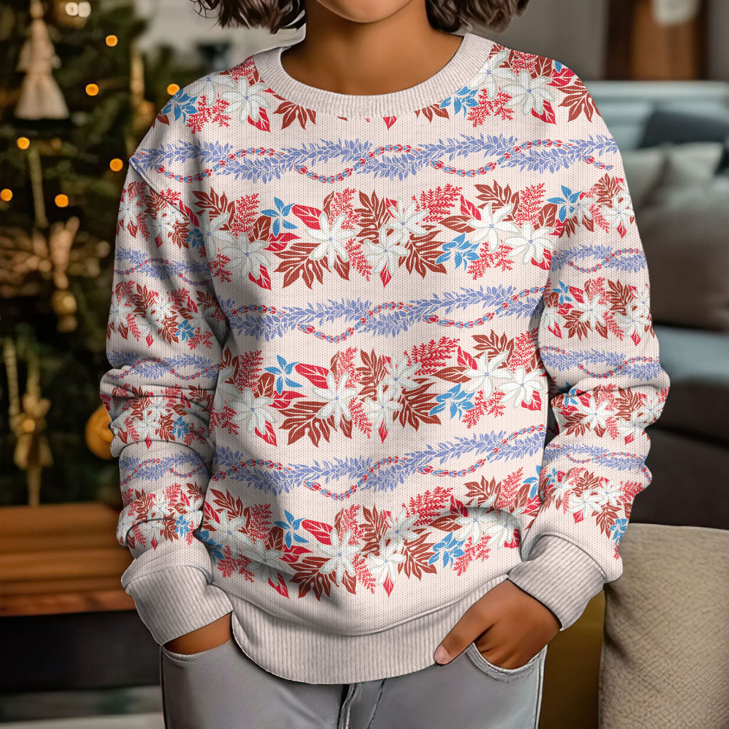 Monstera Tiare Plumeria Lei Pattern Kid Ugly Christmas Sweater Red Version LT01 - Polynesian Pride