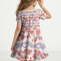 Monstera Tiare Plumeria Lei Pattern Kid Short Sleeve Dress Red Version