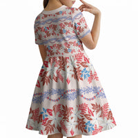 Monstera Tiare Plumeria Lei Pattern Kid Short Sleeve Dress Red Version