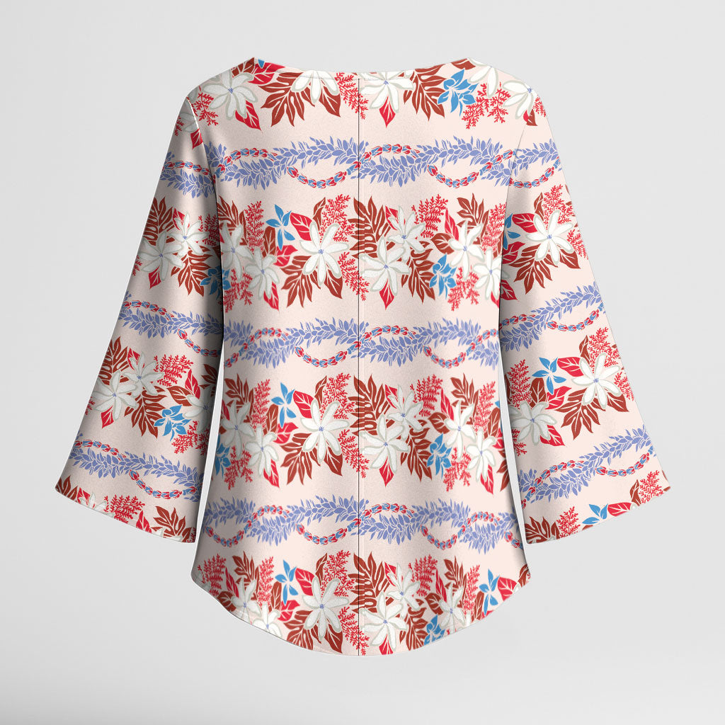 Monstera Tiare Plumeria Lei Pattern Kimono Sleeve Blouse Red Version
