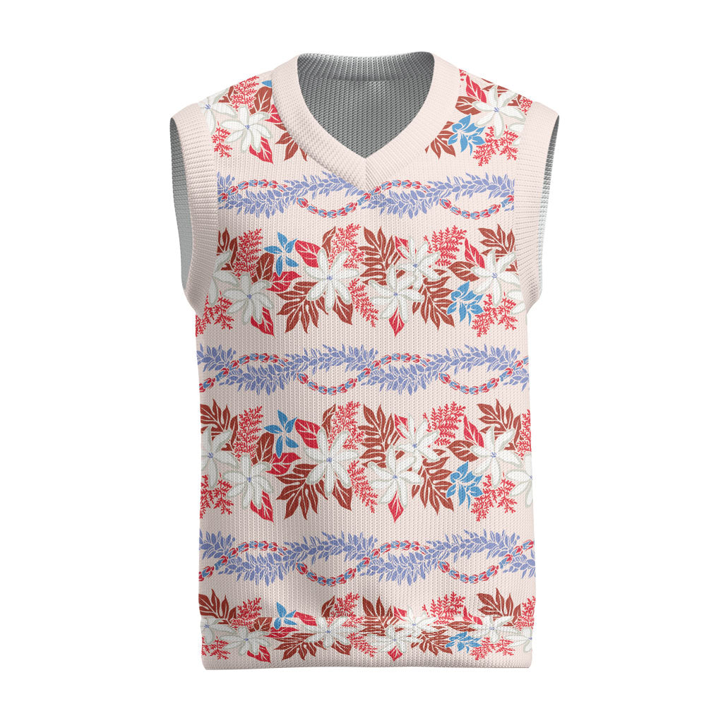 Monstera Tiare Plumeria Lei Pattern Christmas Knitted V-Neck Vest Red Version
