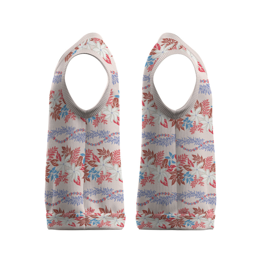 Monstera Tiare Plumeria Lei Pattern Christmas Knitted V-Neck Vest Red Version