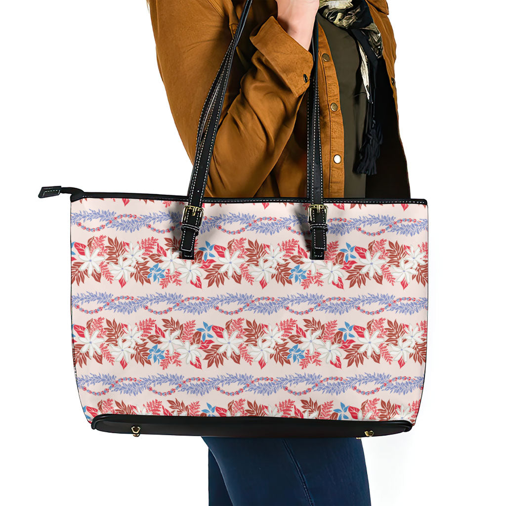 Monstera Tiare Plumeria Lei Pattern Leather Tote Bag Red Version LT01 - Polynesian Pride