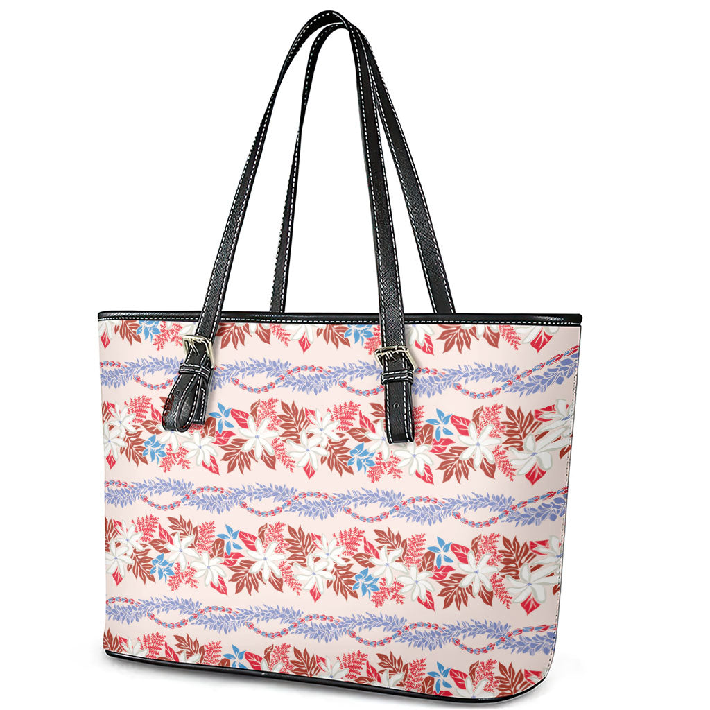 Monstera Tiare Plumeria Lei Pattern Leather Tote Bag Red Version LT01 - Polynesian Pride
