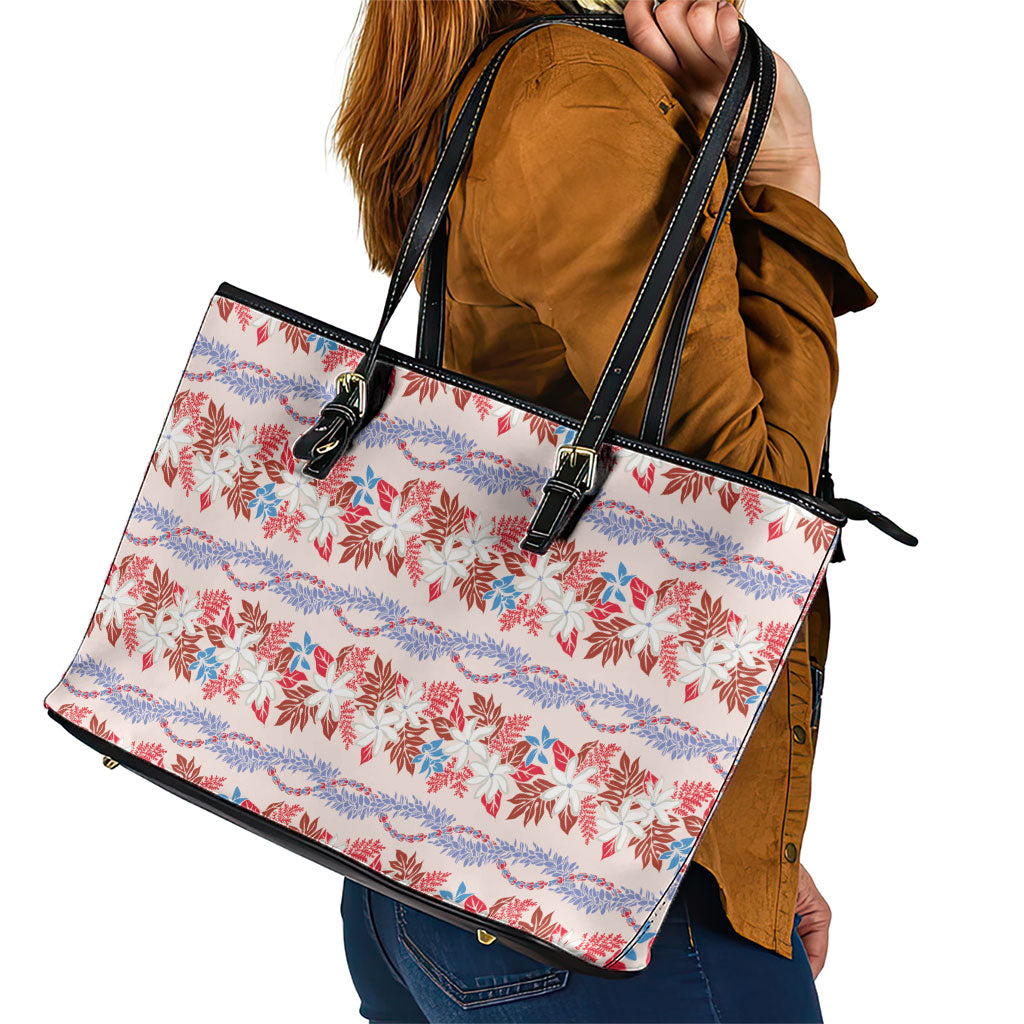 Monstera Tiare Plumeria Lei Pattern Leather Tote Bag Red Version LT01 - Polynesian Pride