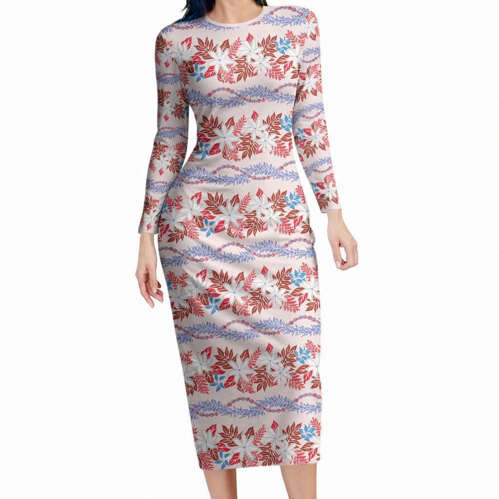 Monstera Tiare Plumeria Lei Pattern Long Sleeve Bodycon Dress Red Version LT01 Long Dress Red - Polynesian Pride