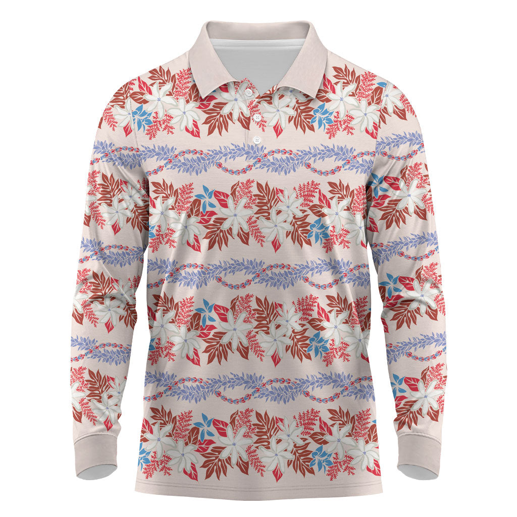Monstera Tiare Plumeria Lei Pattern Long Sleeve Polo Shirt Red Version