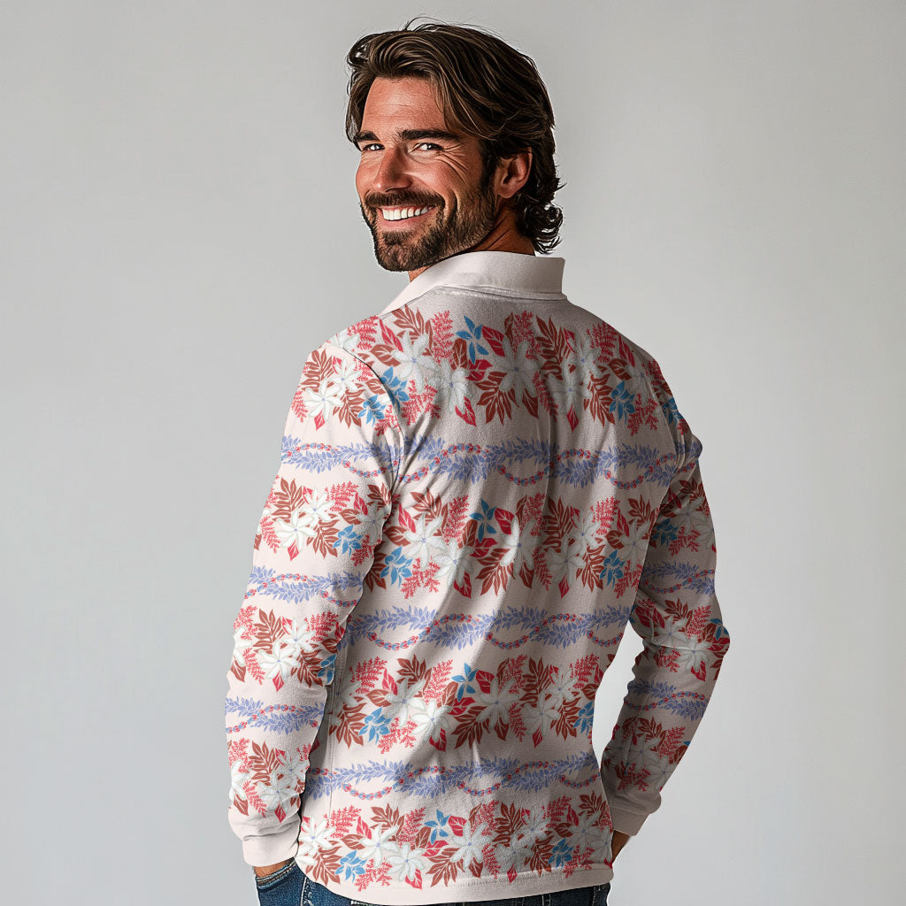 Monstera Tiare Plumeria Lei Pattern Long Sleeve Polo Shirt Red Version