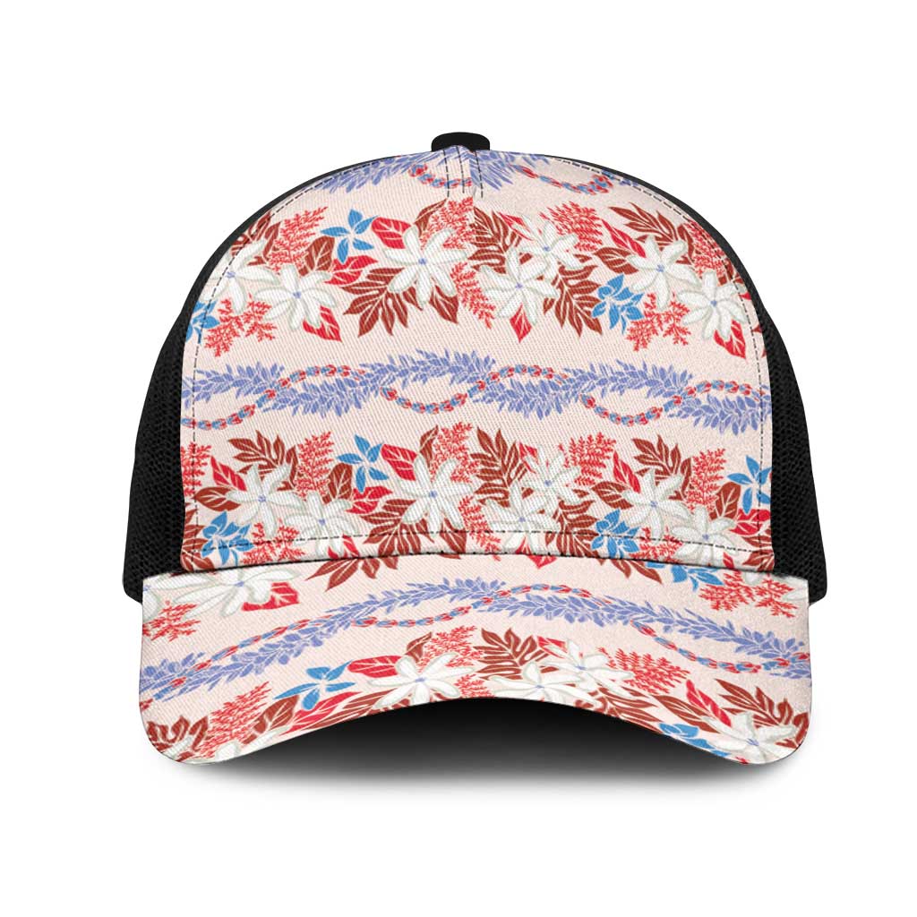 Monstera Tiare Plumeria Lei Pattern Mesh Trucker Cap Red Version