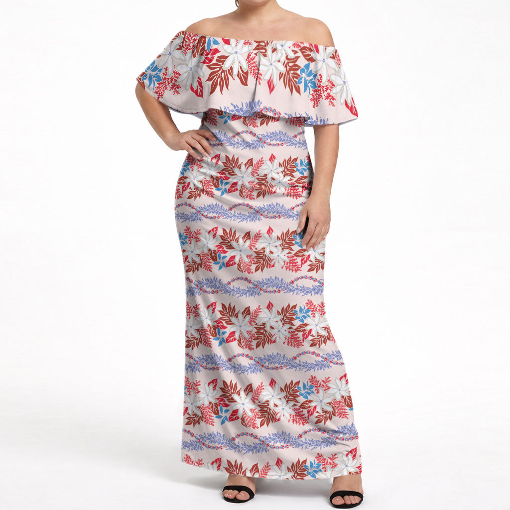 Monstera Tiare Plumeria Lei Pattern Off Shoulder Maxi Dress Red Version LT01 Women Red - Polynesian Pride