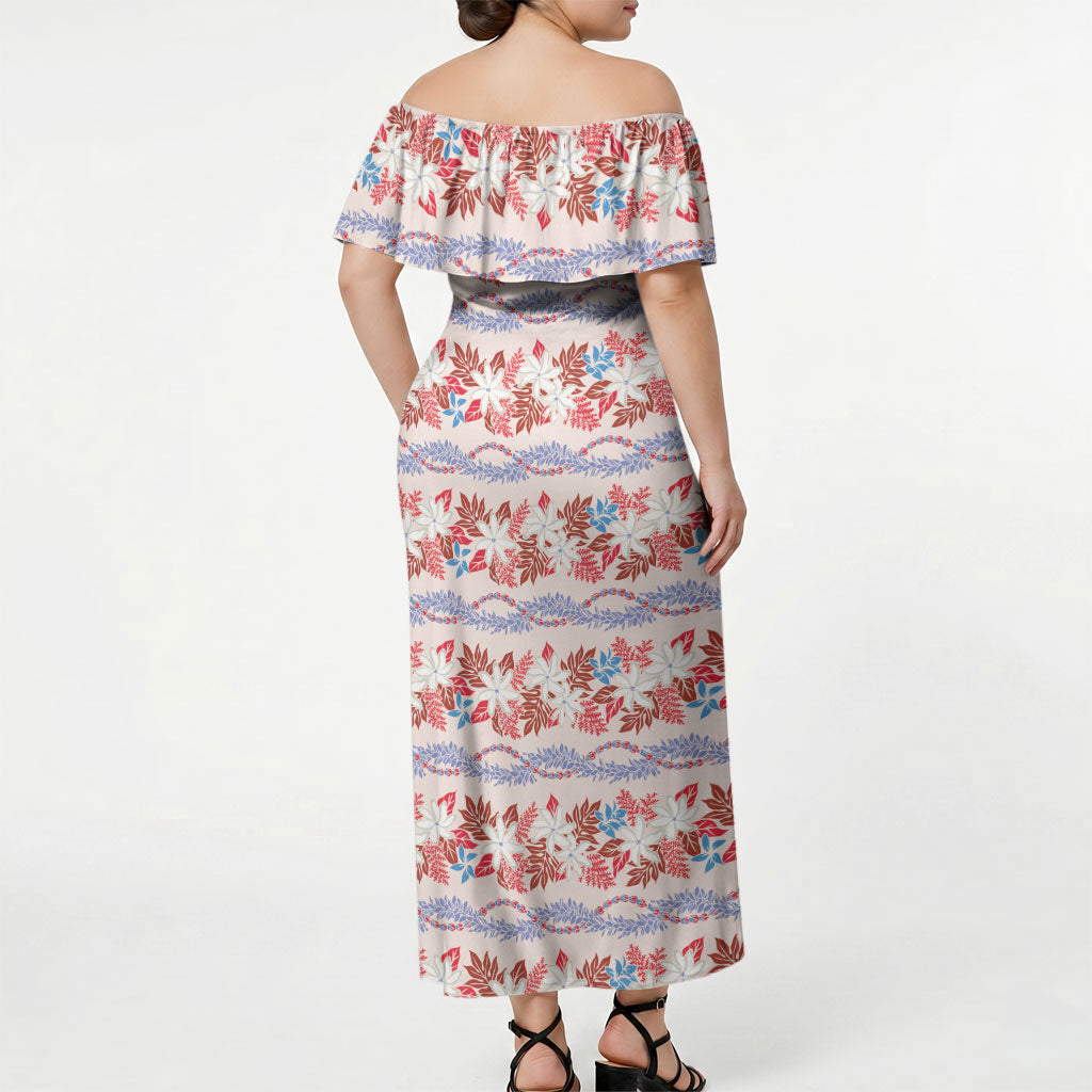 Monstera Tiare Plumeria Lei Pattern Off Shoulder Maxi Dress Red Version LT01 - Polynesian Pride