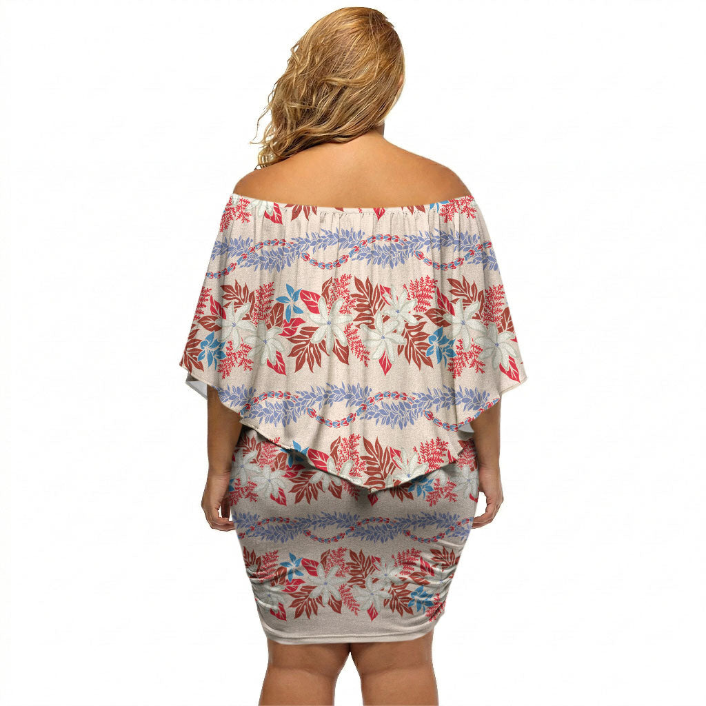 Monstera Tiare Plumeria Lei Pattern Off Shoulder Short Dress Red Version LT01 - Polynesian Pride