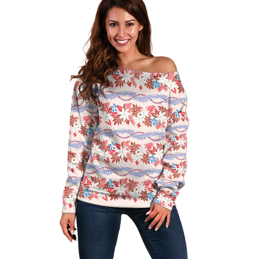 Monstera Tiare Plumeria Lei Pattern Off Shoulder Sweater Red Version