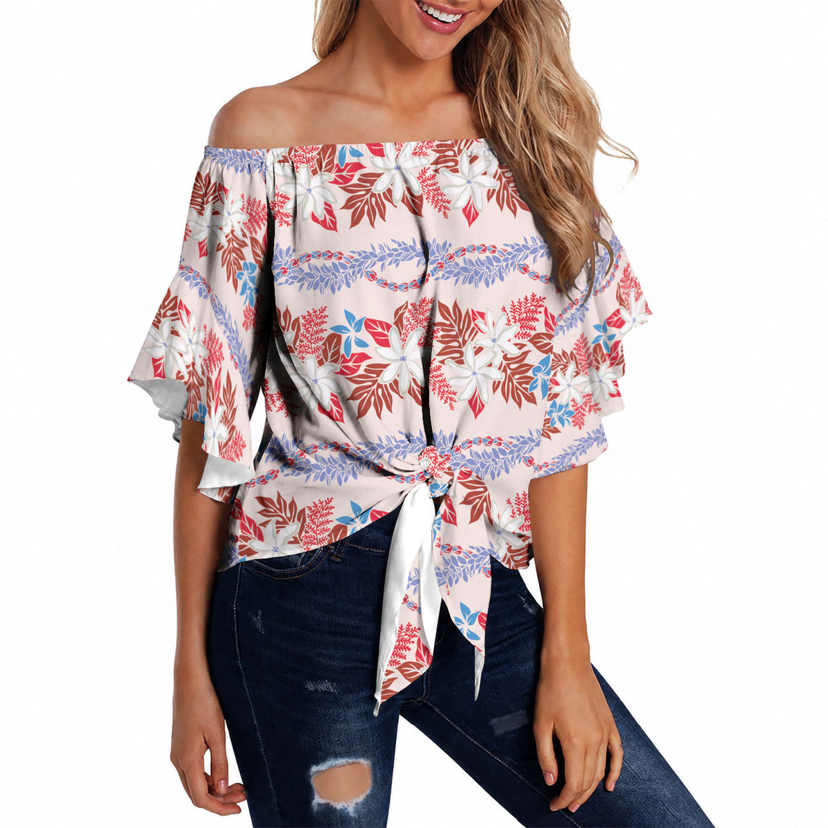 Monstera Tiare Plumeria Lei Pattern Off Shoulder Wrap Waist Top Red Version LT01 Red - Polynesian Pride