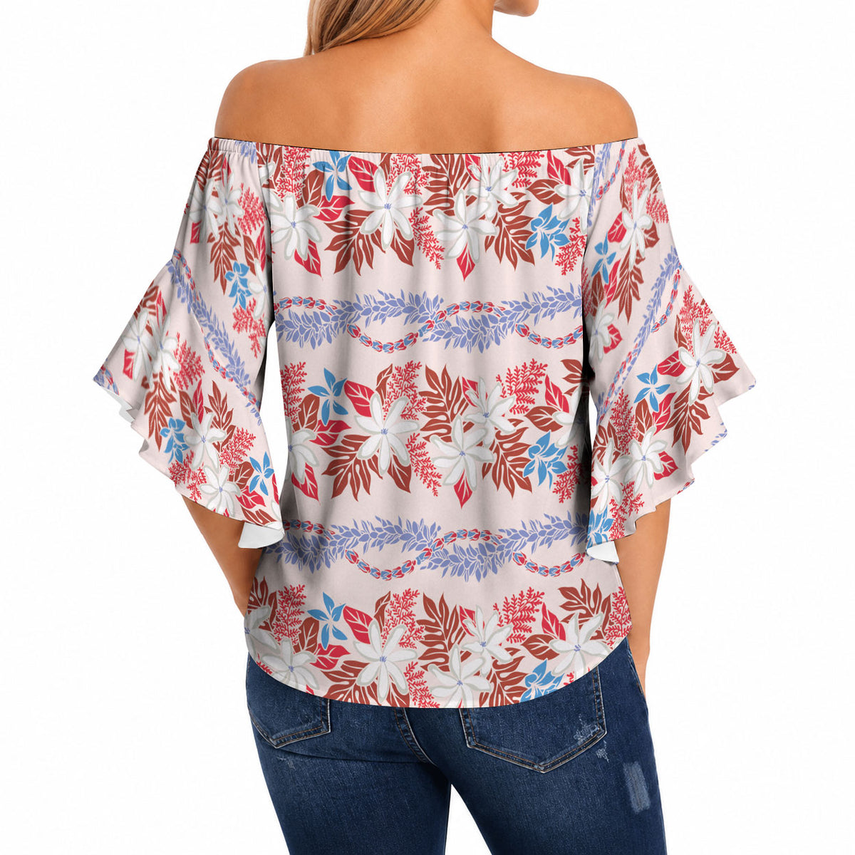 Monstera Tiare Plumeria Lei Pattern Off Shoulder Wrap Waist Top Red Version LT01 - Polynesian Pride